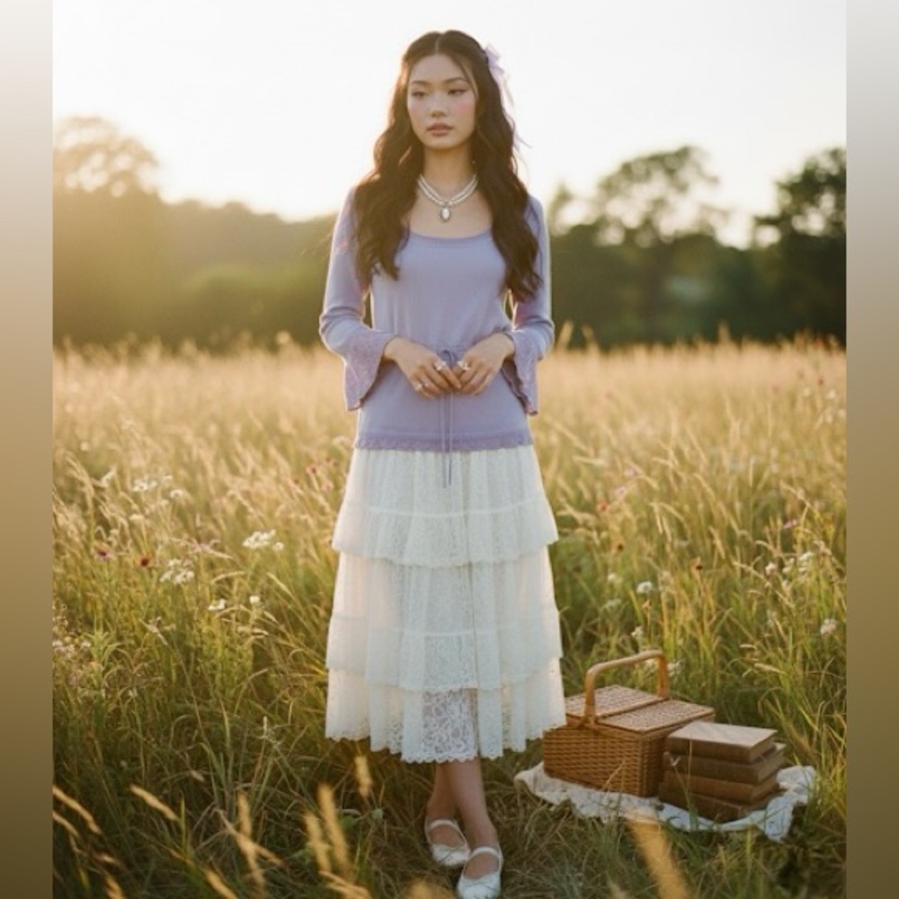 Y2K The Limited Lavender Purple Croquette Lace Trim Tie Waist Knit Top Blouse - Picture 1 of 16